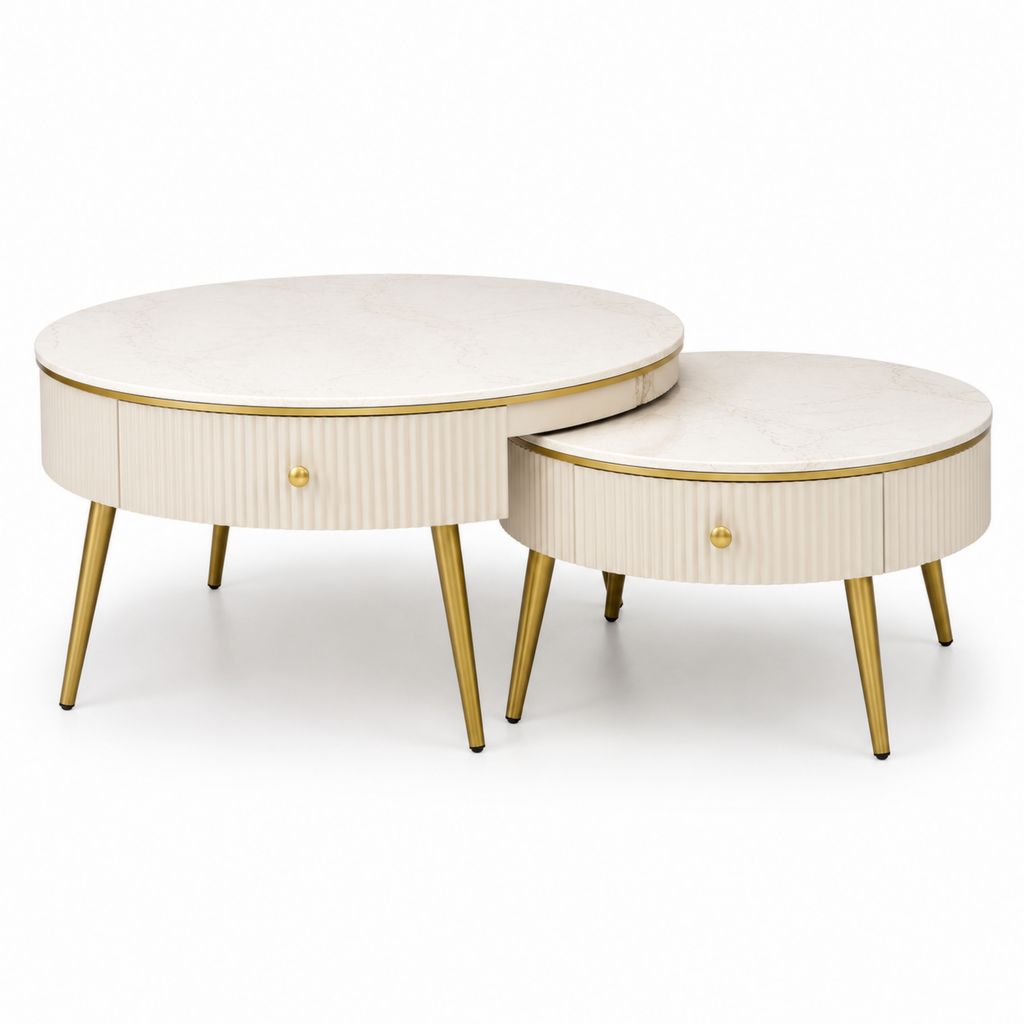 Set 2 tavolini da caffè rotondi bianchi effetto marmo in MDF con gambe dorate 80 x 45 cm e 60 x 38 cm