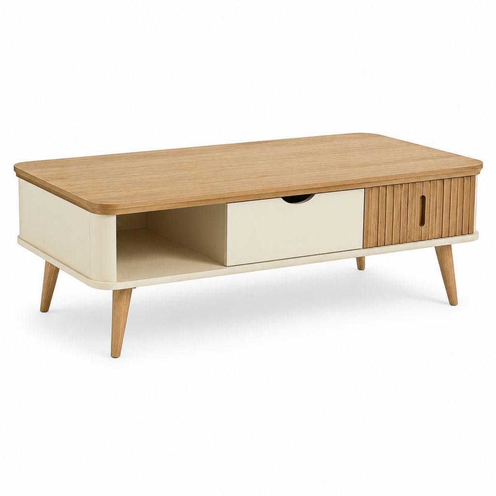 Tavolino da caffè con contenitore beige e rovere in MDF 110 x 55 x 45 cm