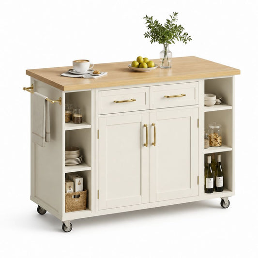 Carrello da cucina mobile rettangolare bianco in MDF con piano in bambù 120 x 50 x 90 cm