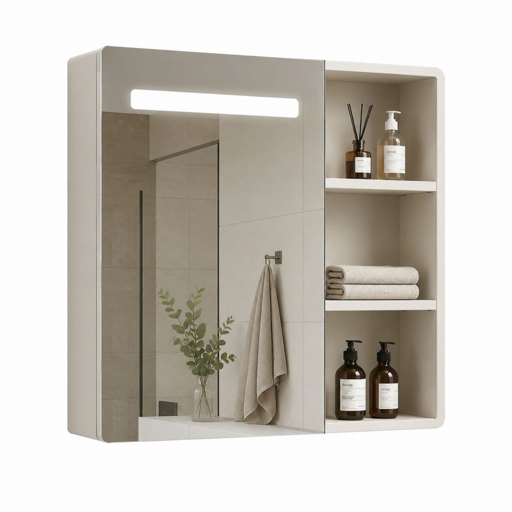 Armadietto bagno con specchio LED beige in MDF 80 x 70 x 15 cm