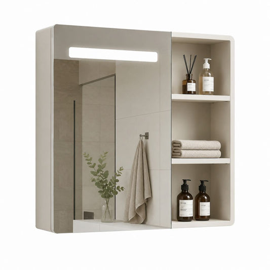 Armadietto bagno con specchio LED beige in MDF 80 x 70 x 15 cm
