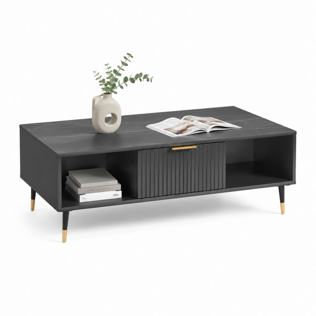 Tavolino da caffè con vano contenitore nero in pannello truciolare effetto marmo 120 x 60 x 45 cm