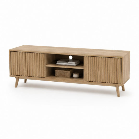 Mobile TV in MDF impiallacciato rovere naturale con ante scanalate 180 x 40 x 60 cm