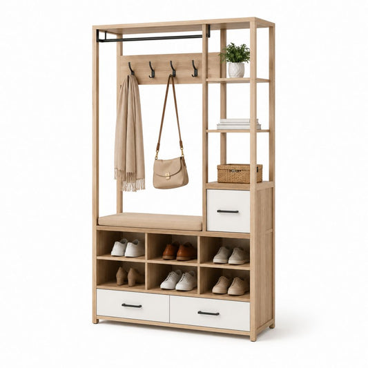 Mobile ingresso con appendiabiti scarpiera e panca rovere chiaro e bianco 120 x 40 x 180 cm