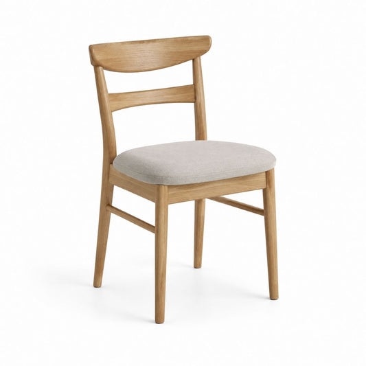 Sedia da pranzo imbottita in legno massello di rovere naturale e poliestere beige con schienale curvo 45 x 53 x 82 cm