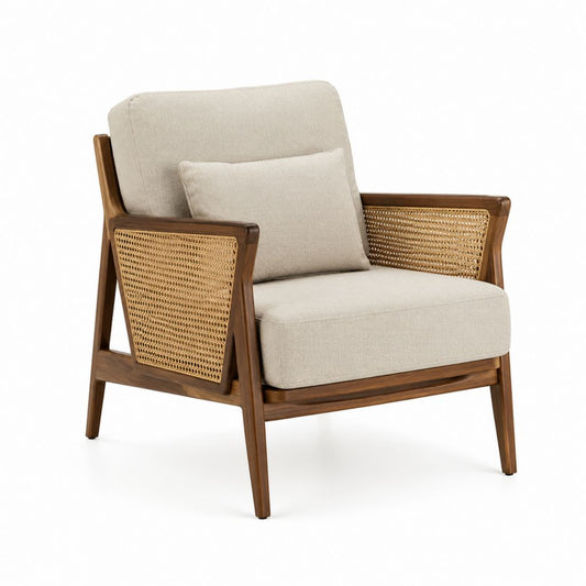Poltrona da soggiorno beige con braccioli in frassino massello e rattan 74 x 80 x 84 cm
