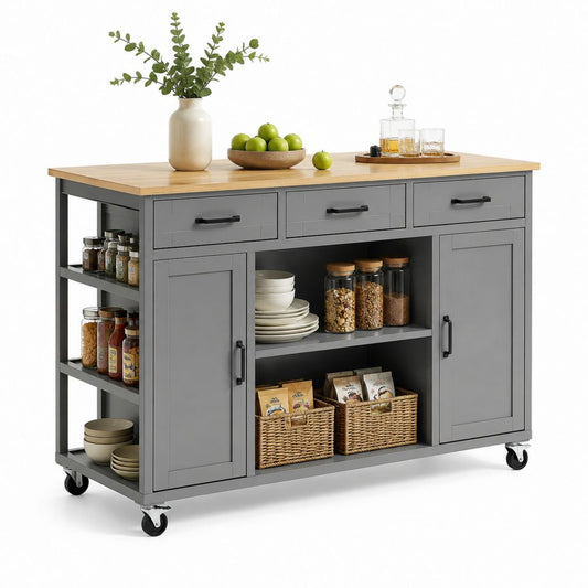 Isola da cucina mobile rettangolare grigia in MDF con piano in bambù 120 x 60 x 90 cm