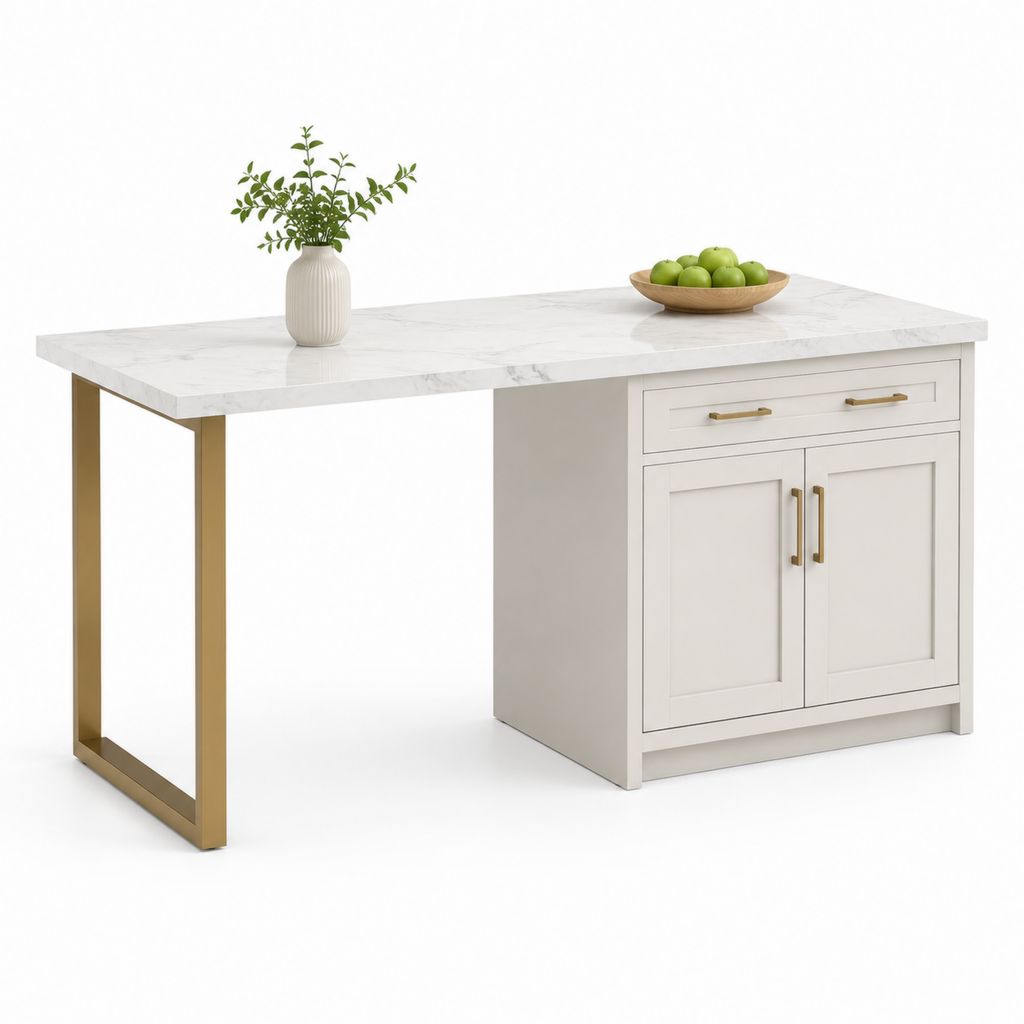 Isola da cucina bianca con piano effetto marmo struttura in acciaio dorato 150 x 75 x 90 cm