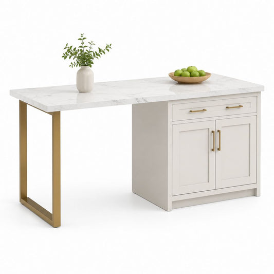 Isola da cucina bianca con piano effetto marmo struttura in acciaio dorato 150 x 75 x 90 cm